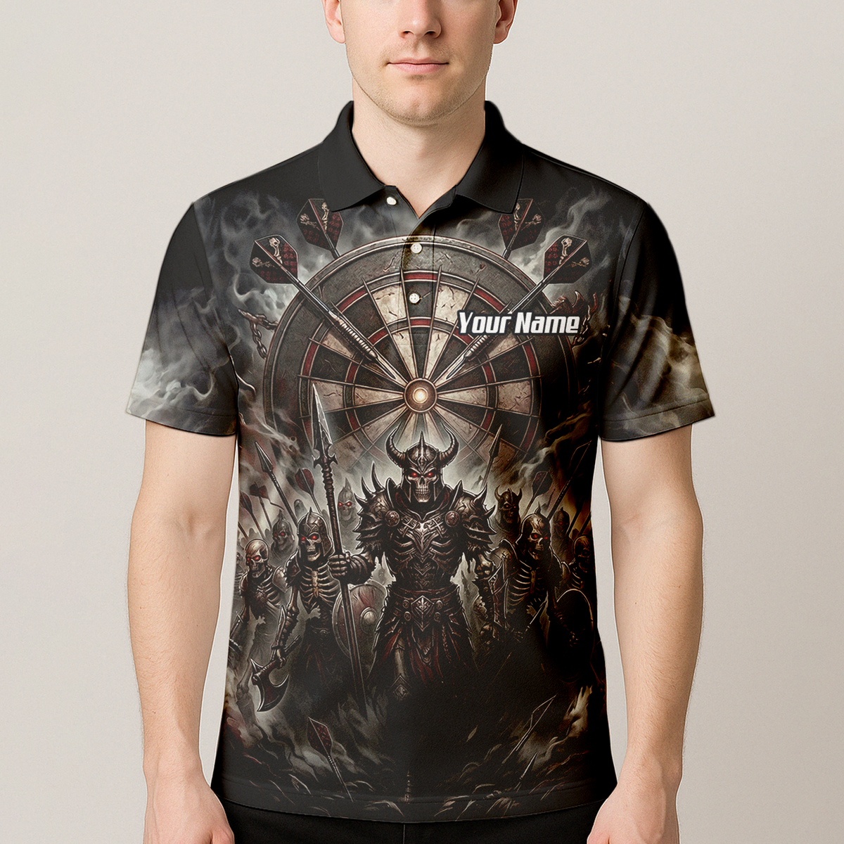 Personalised Skeleton Warrior Dart Jersey for Men Custom Dark Gothic Undead Army Darts Polo Shirt Black Grey E8117