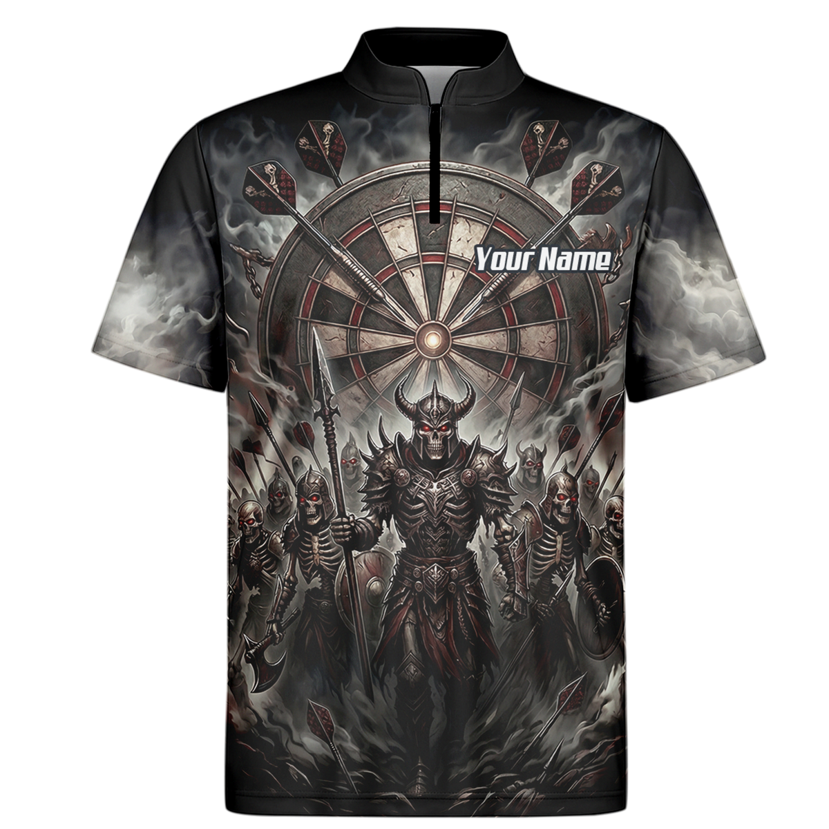 Personalised Skeleton Warrior Dart Jersey for Men Custom Dark Gothic Undead Army Darts Polo Shirt Black Grey E8117