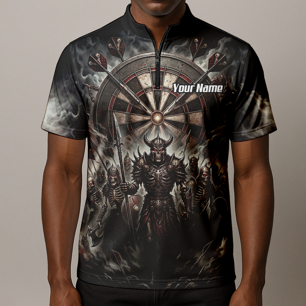 Personalised Skeleton Warrior Dart Jersey for Men Custom Dark Gothic Undead Army Darts Polo Shirt Black Grey E8117