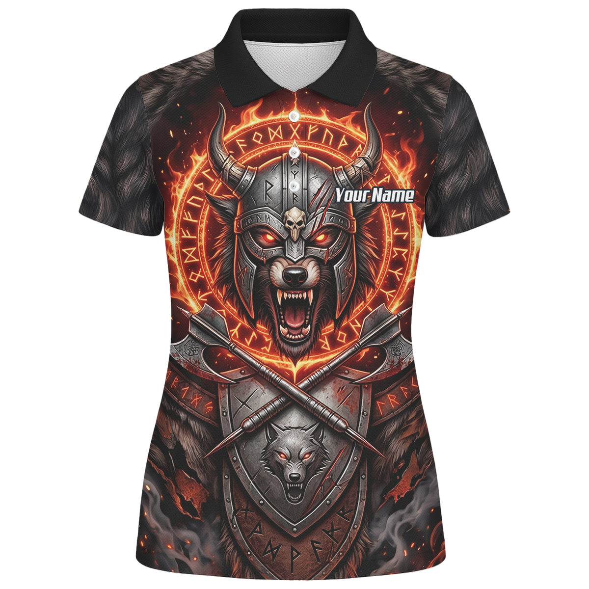 Personalised Viking Wolf Dart Jersey for Women Custom Darts Polo Shirt Fire Runes Design Black Red E8296