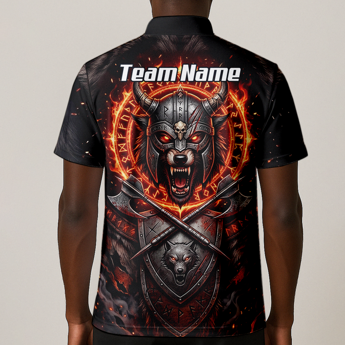 Personalised Viking Wolf Dart Jersey for Men Custom Darts Polo Shirt Fire Runes Design Black Red E8296