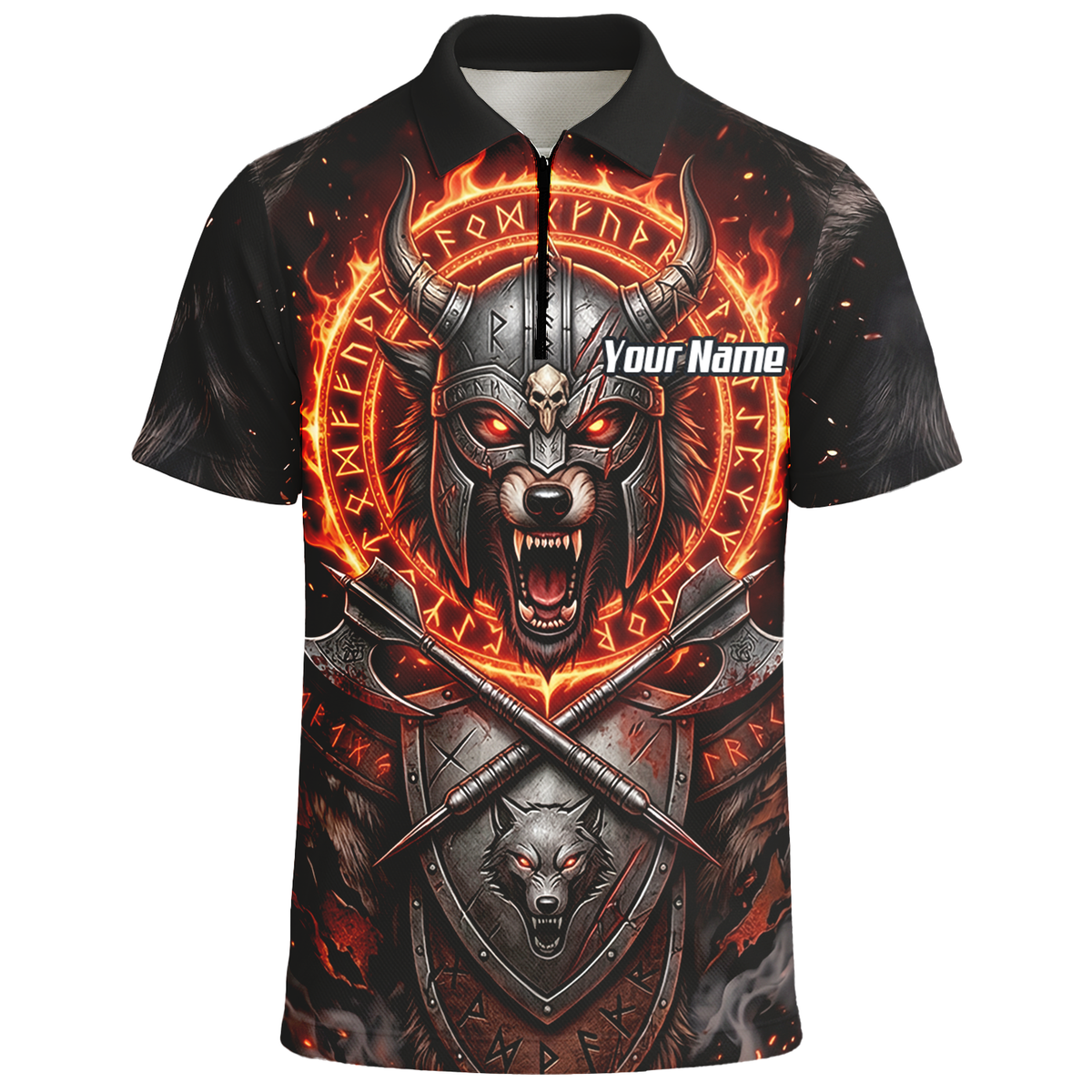 Personalised Viking Wolf Dart Jersey for Men Custom Darts Polo Shirt Fire Runes Design Black Red E8296