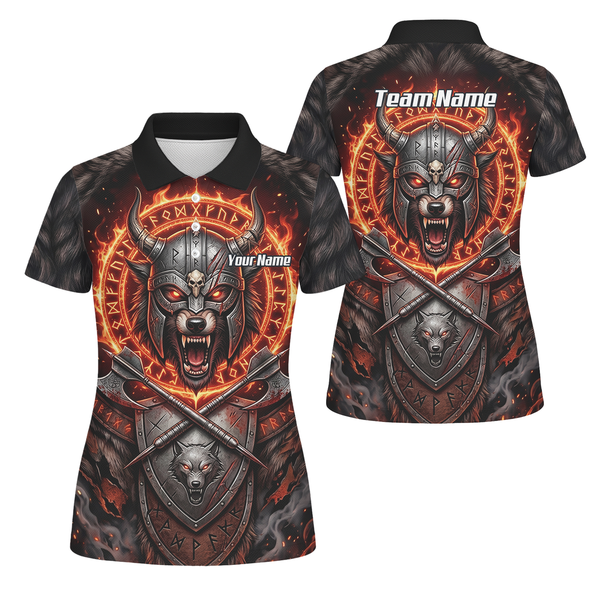 Personalised Viking Wolf Dart Jersey for Women Custom Darts Polo Shirt Fire Runes Design Black Red E8296