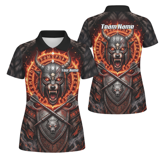 Personalised Viking Wolf Dart Jersey for Women Custom Darts Polo Shirt Fire Runes Design Black Red E8296