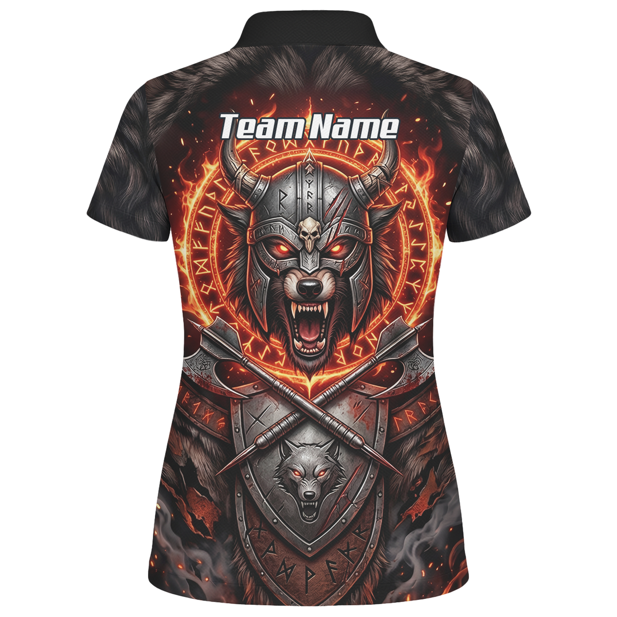 Personalised Viking Wolf Dart Jersey for Women Custom Darts Polo Shirt Fire Runes Design Black Red E8296