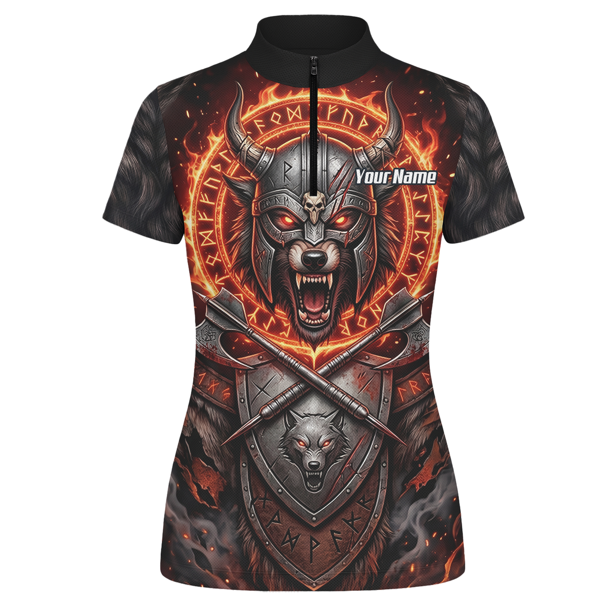 Personalised Viking Wolf Dart Jersey for Women Custom Darts Polo Shirt Fire Runes Design Black Red E8296