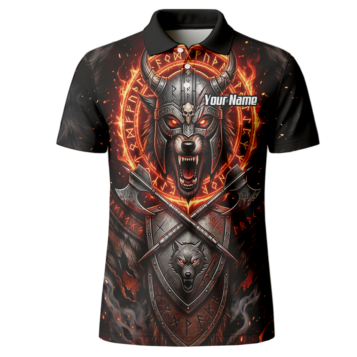 Personalised Viking Wolf Dart Jersey for Men Custom Darts Polo Shirt Fire Runes Design Black Red E8296