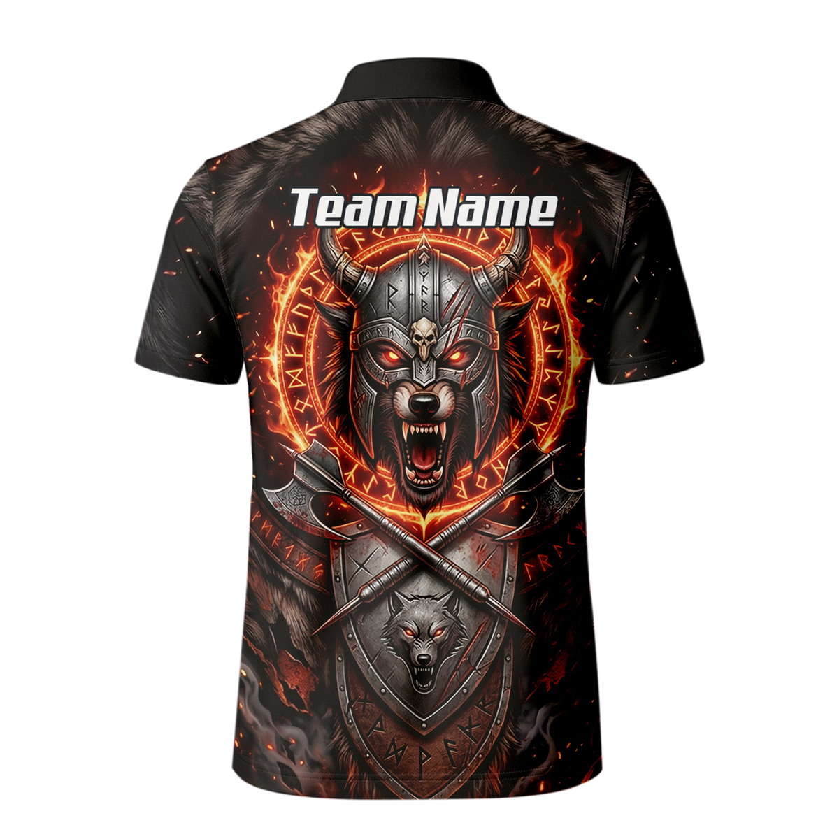 Personalised Viking Wolf Dart Jersey for Men Custom Darts Polo Shirt Fire Runes Design Black Red E8296