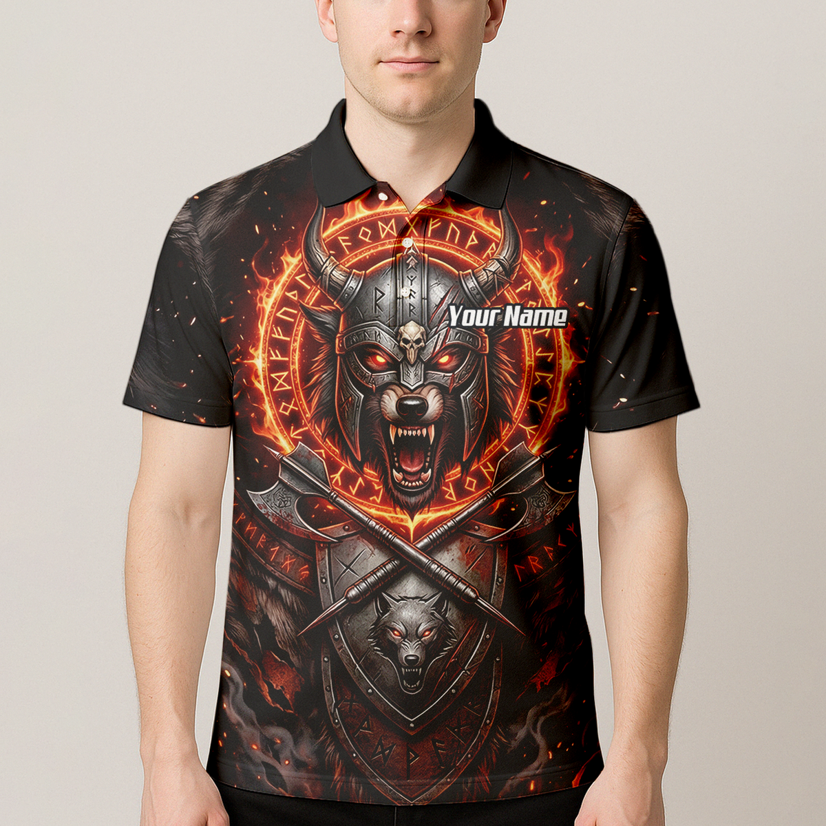 Personalised Viking Wolf Dart Jersey for Men Custom Darts Polo Shirt Fire Runes Design Black Red E8296