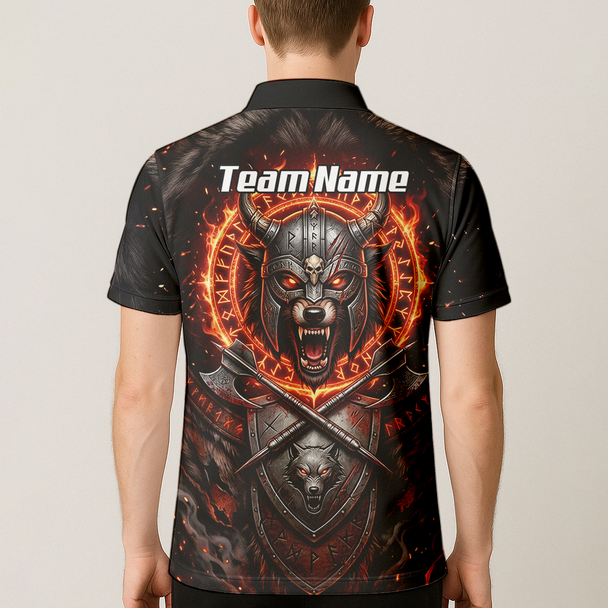 Personalised Viking Wolf Dart Jersey for Men Custom Darts Polo Shirt Fire Runes Design Black Red E8296