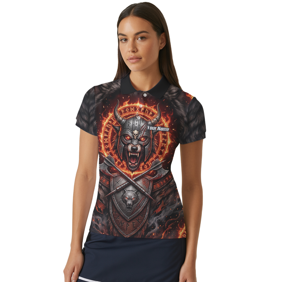 Personalised Viking Wolf Dart Jersey for Women Custom Darts Polo Shirt Fire Runes Design Black Red E8296