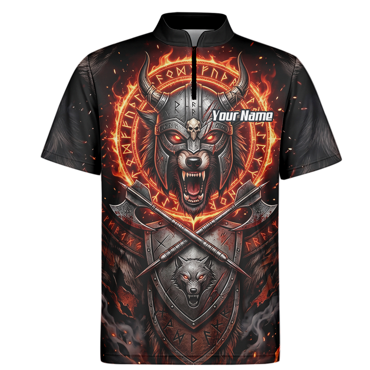 Personalised Viking Wolf Dart Jersey for Men Custom Darts Polo Shirt Fire Runes Design Black Red E8296