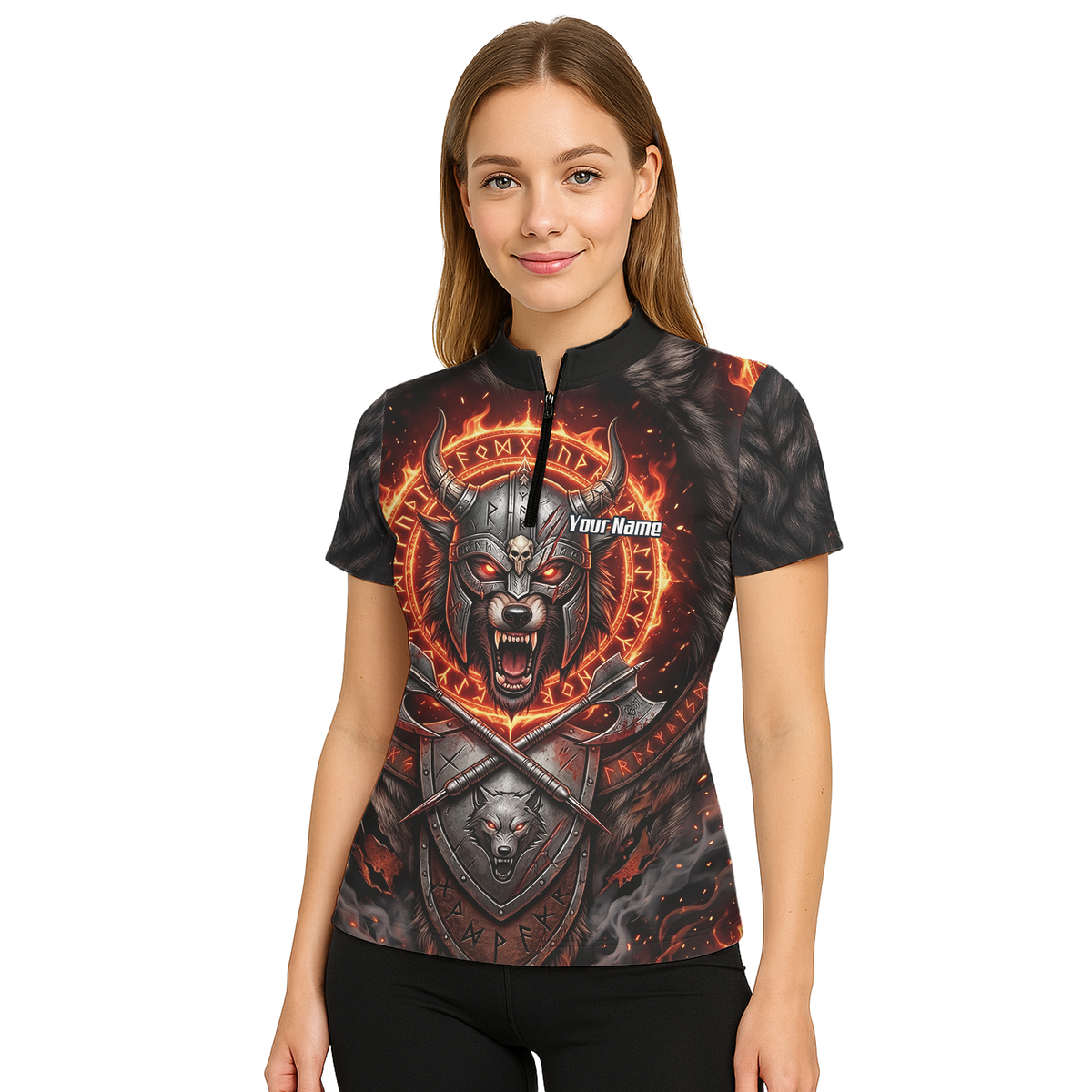 Personalised Viking Wolf Dart Jersey for Women Custom Darts Polo Shirt Fire Runes Design Black Red E8296