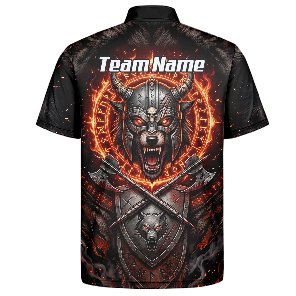 Personalised Viking Wolf Dart Jersey for Men Custom Darts Polo Shirt Fire Runes Design Black Red E8296
