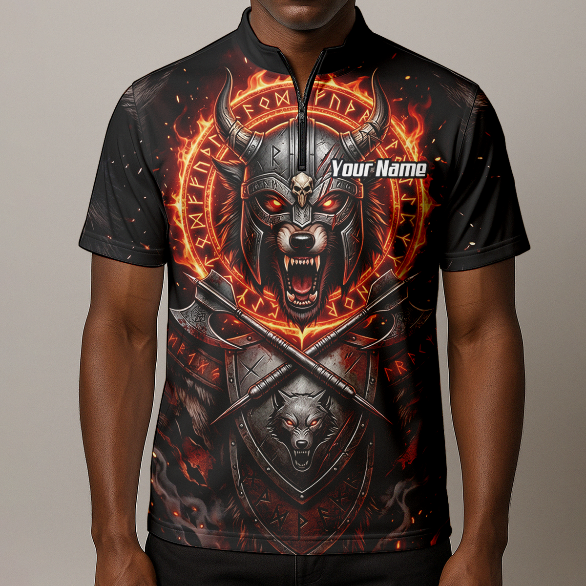 Personalised Viking Wolf Dart Jersey for Men Custom Darts Polo Shirt Fire Runes Design Black Red E8296