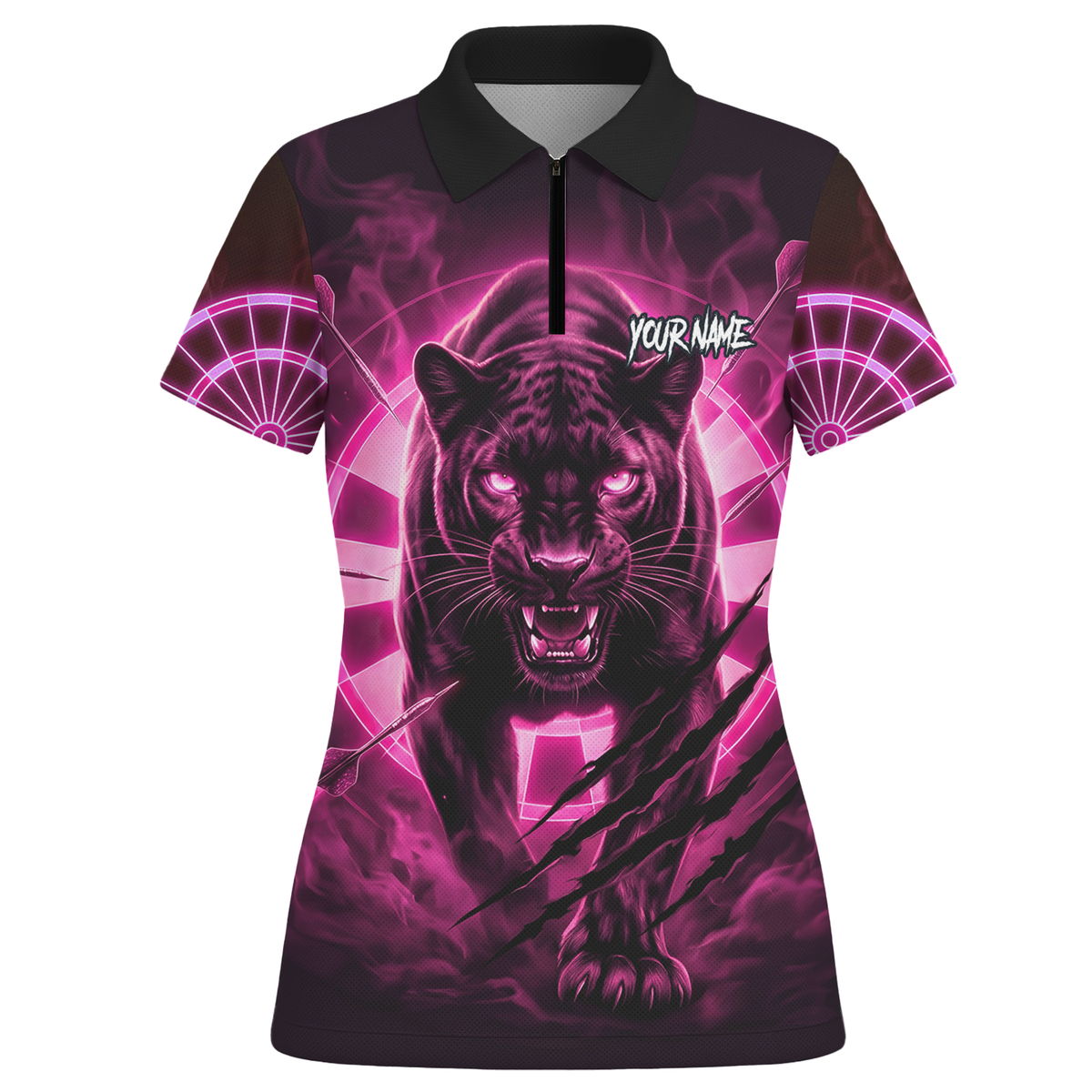Personalised Black Panther Dart Jersey Polo and Zipper Neon Pink For Women F5579p