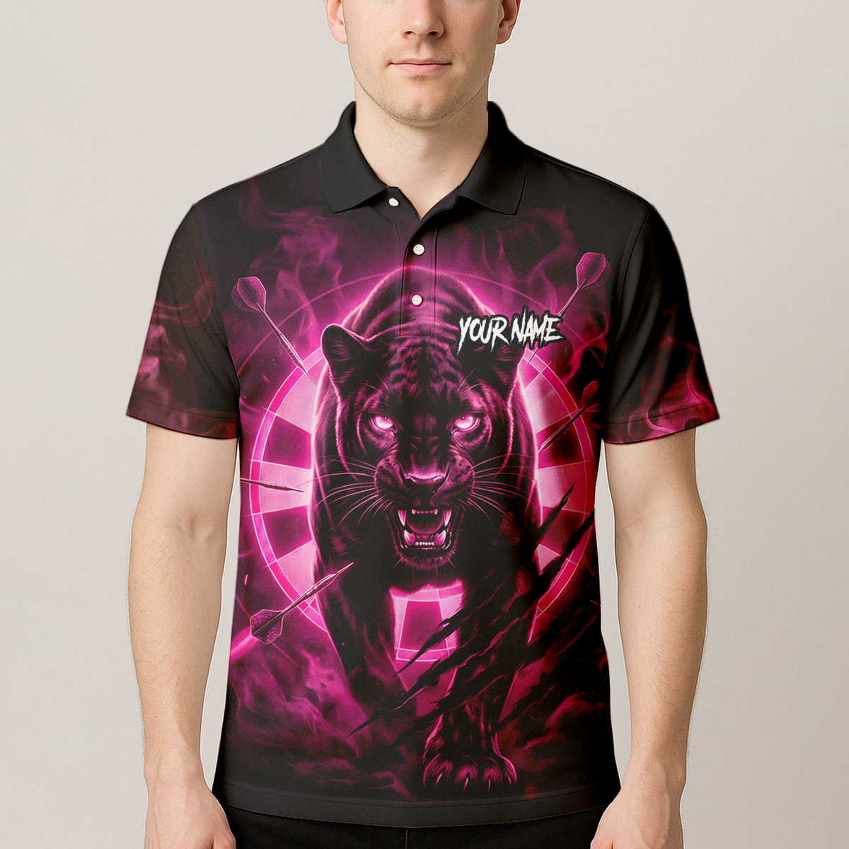 Personalised Black Panther Dart Jersey Polo and Zipper Neon Pink For Men F5579p