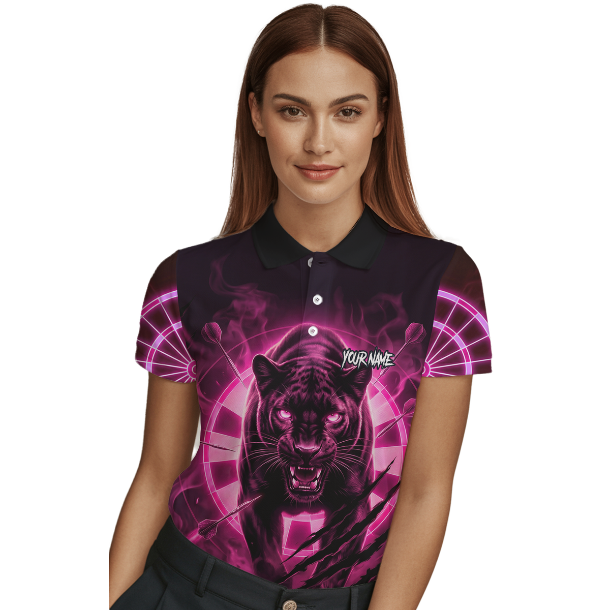 Personalised Black Panther Dart Jersey Polo and Zipper Neon Pink For Women F5579p