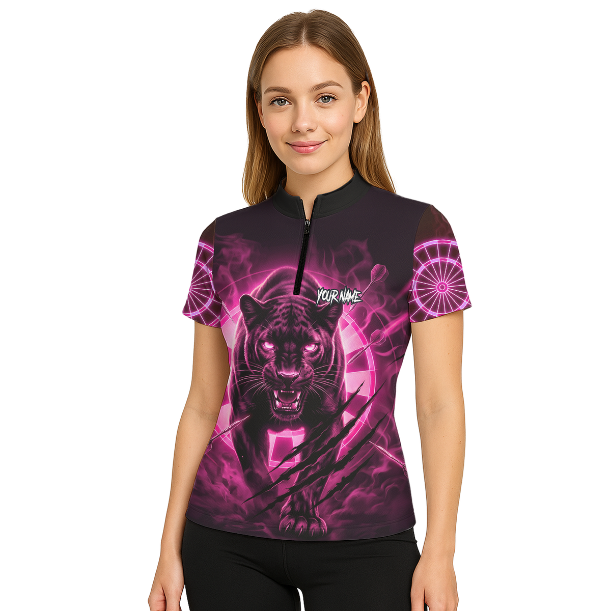 Personalised Black Panther Dart Jersey Polo and Zipper Neon Pink For Women F5579p