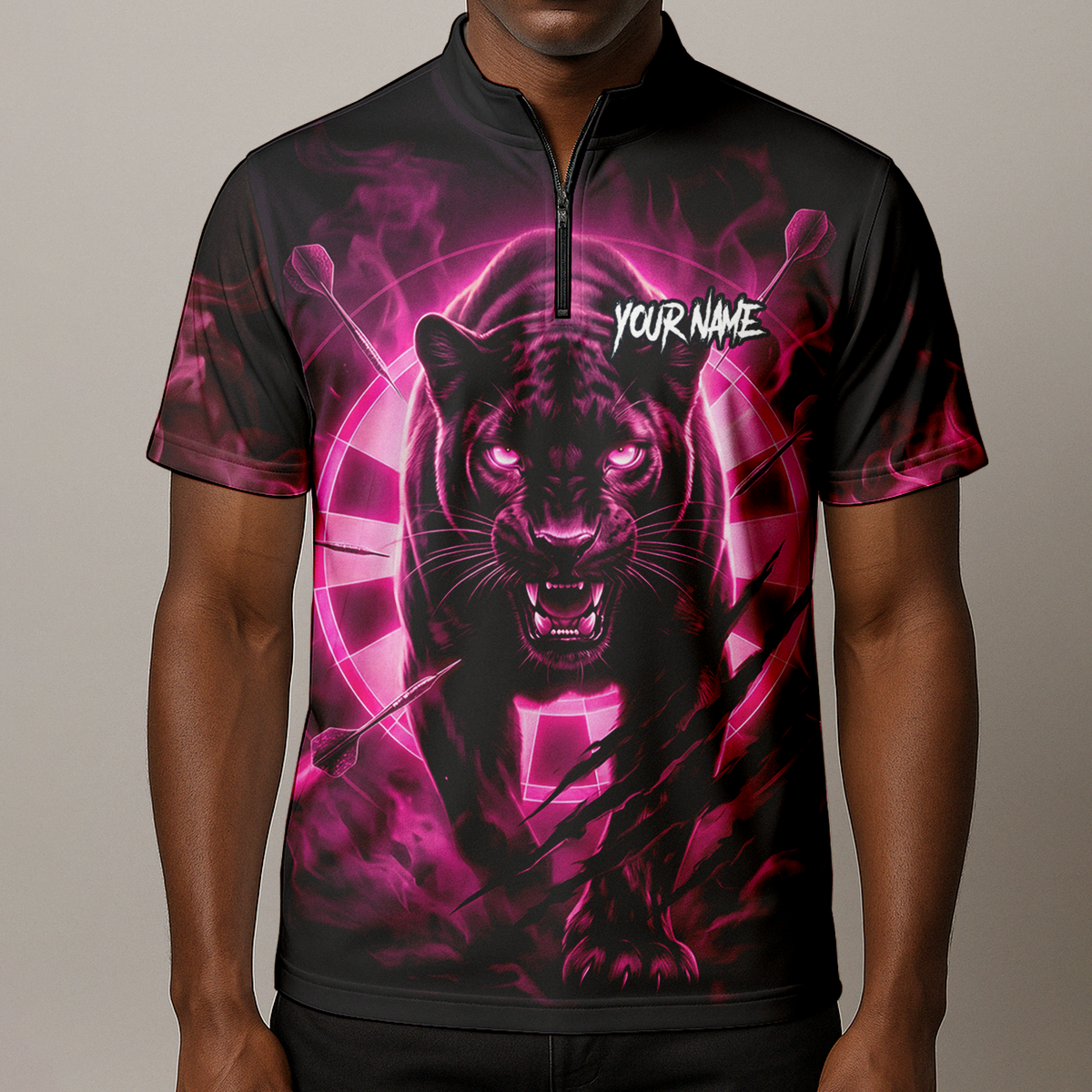 Personalised Black Panther Dart Jersey Polo and Zipper Neon Pink For Men F5579p