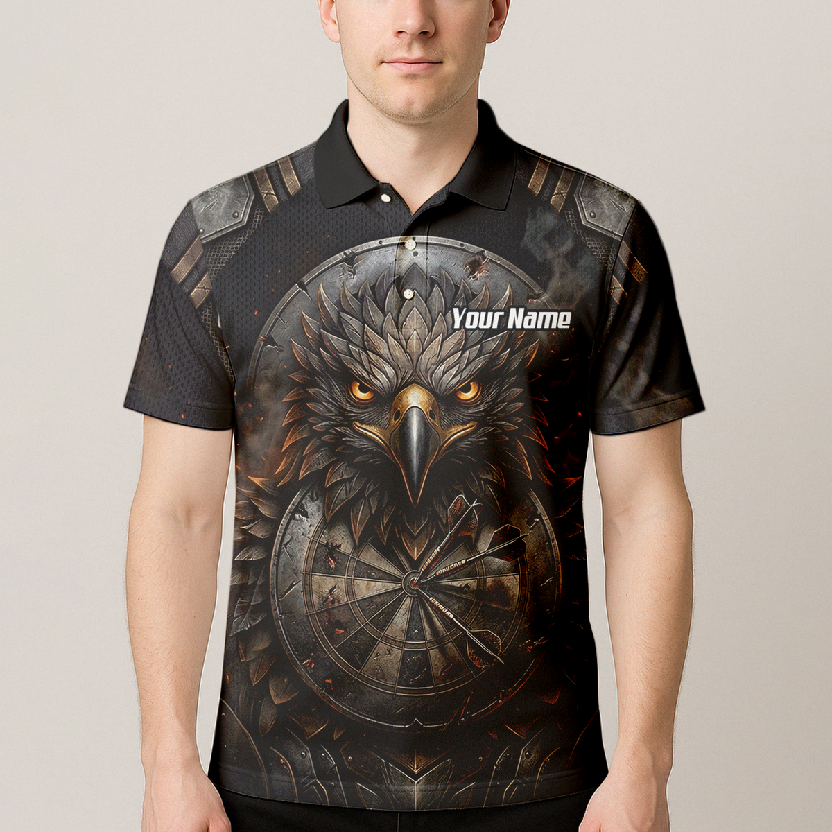 Personalised Men's Eagle Shield Dart Jersey Custom Name Team Polo Shirt Black Bronze G4208