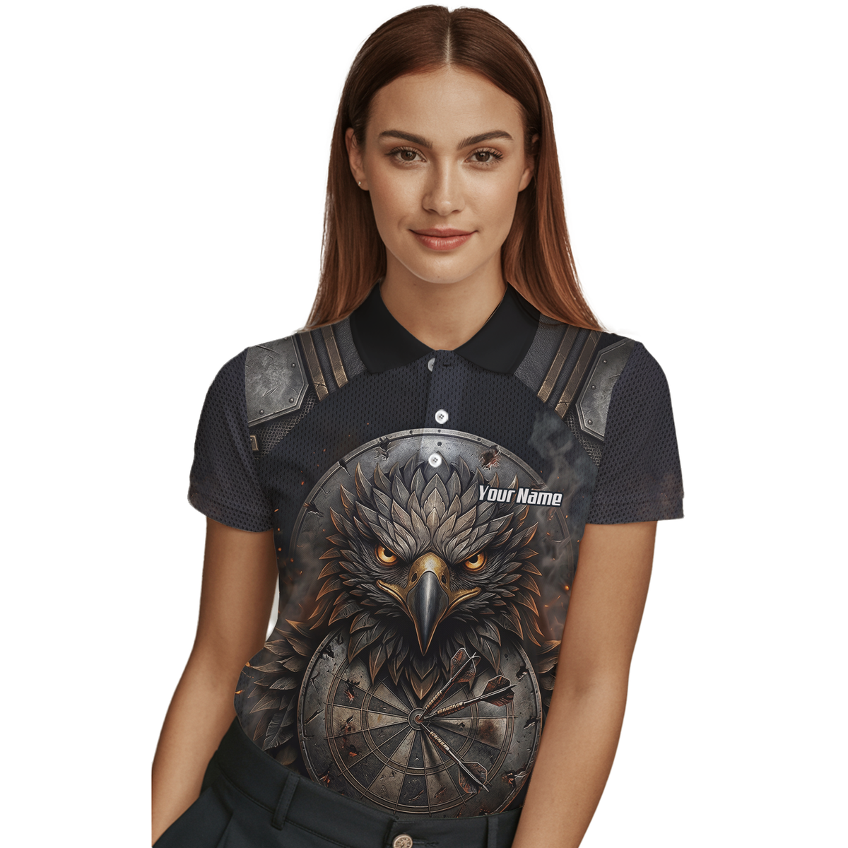 Personalised Women's Eagle Shield Dart Jersey Custom Name Team Polo Shirt Black Bronze G4208