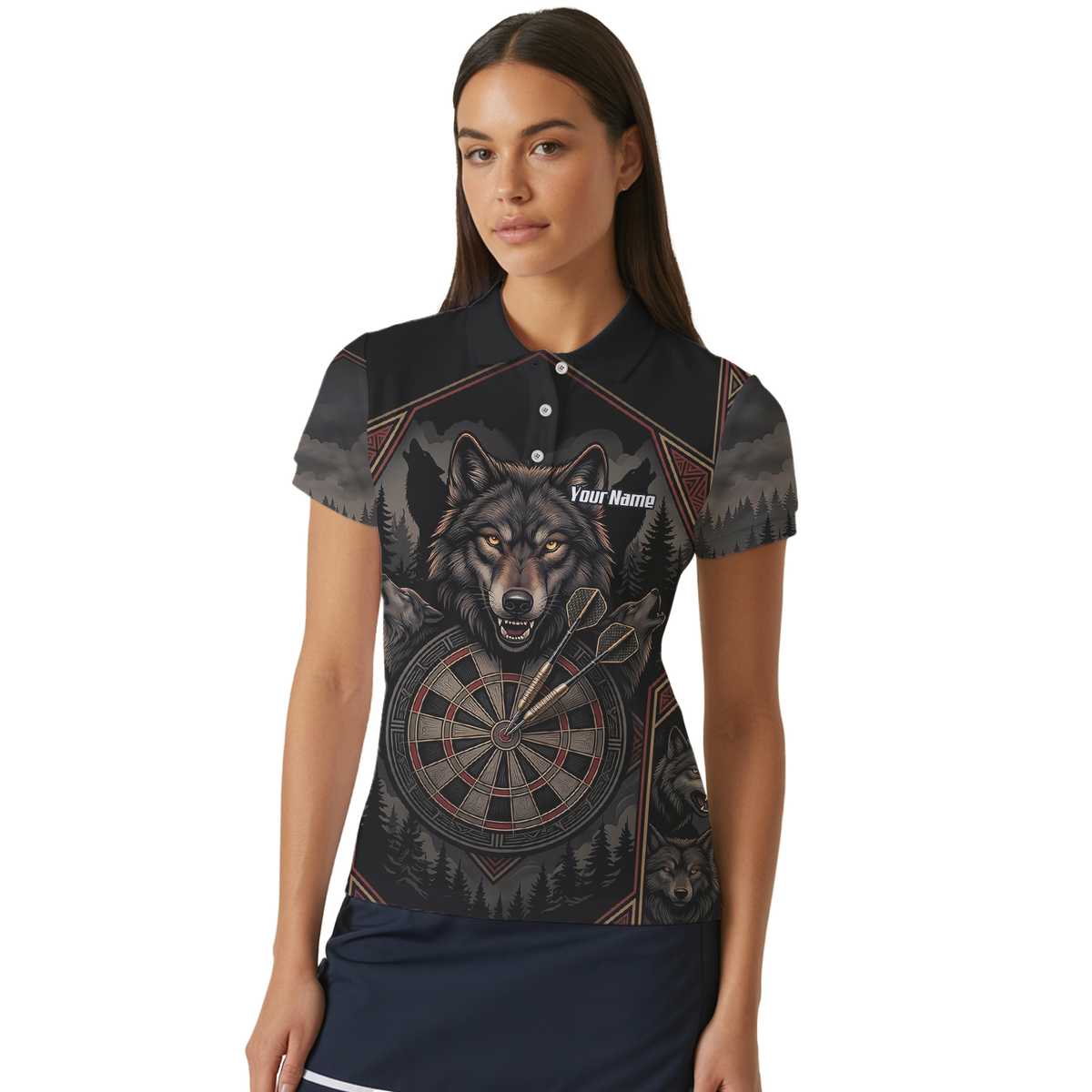 Personalised Wolf Dart Jersey for Women Custom Team Name Dart Shirt Black Grey Polo G4991