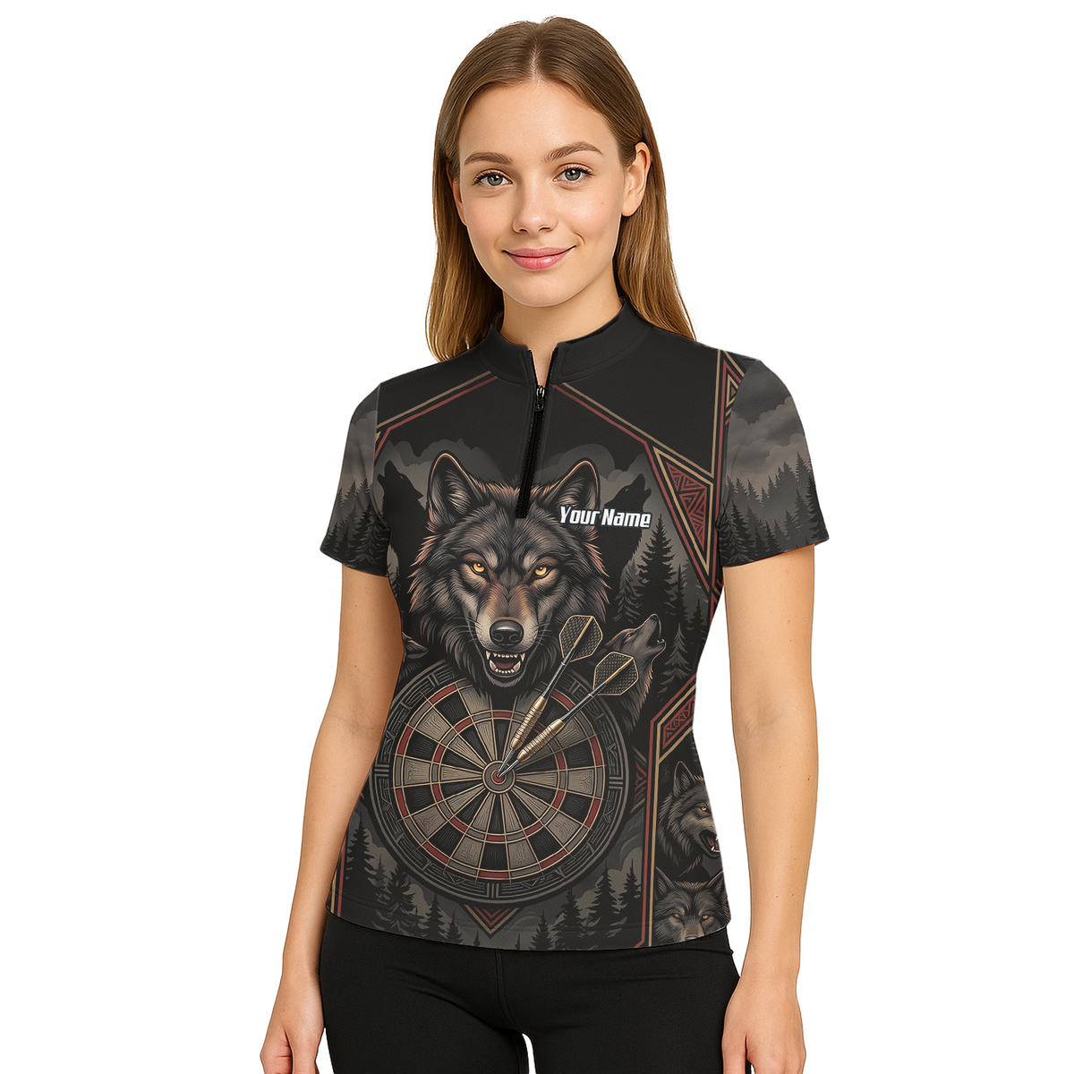 Personalised Wolf Dart Jersey for Women Custom Team Name Dart Shirt Black Grey Polo G4991