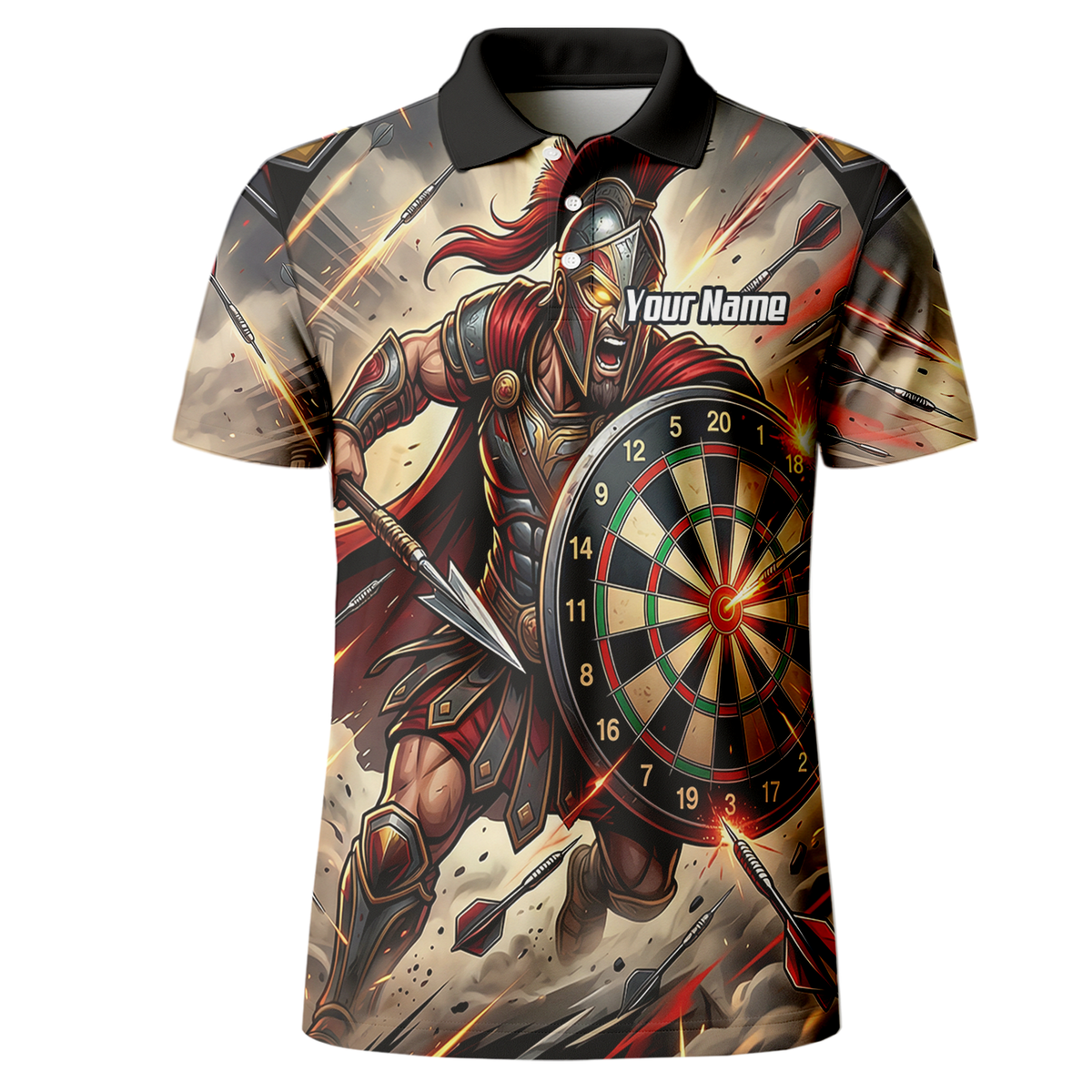 Personalised Spartan Warrior Dart Jersey for Men Custom Gladiator Darts Polo Shirt Red Gold G5179