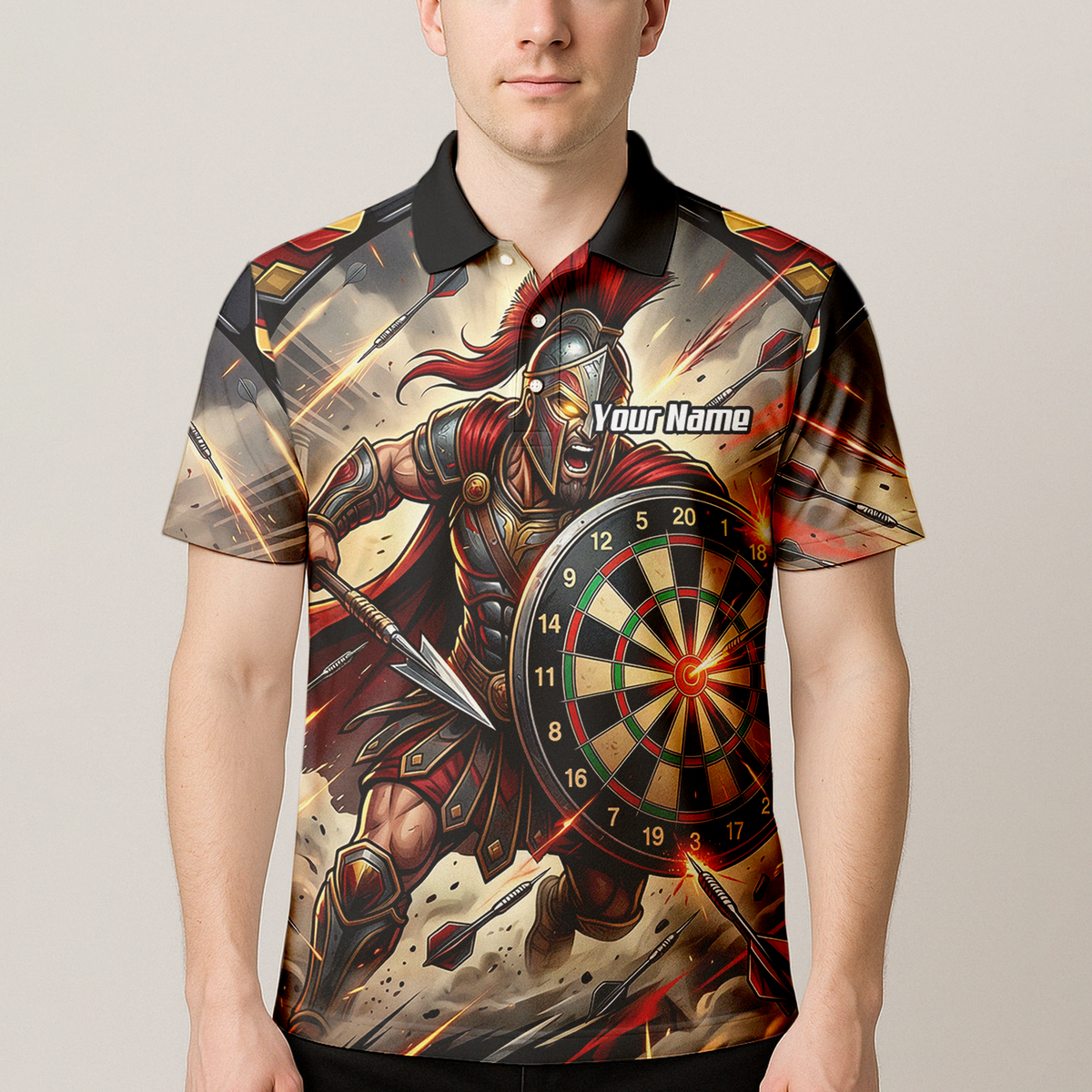 Personalised Spartan Warrior Dart Jersey for Men Custom Gladiator Darts Polo Shirt Red Gold G5179