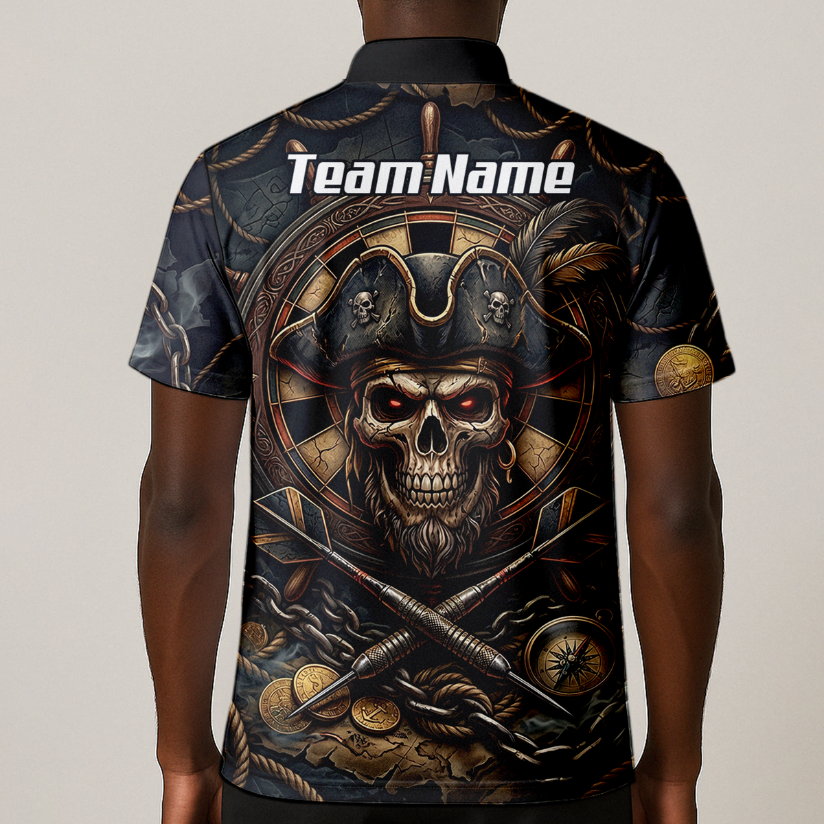 Personalised Pirate Skull Dart Jersey for Men Custom Name Team Polo Shirt Black Gold H4255