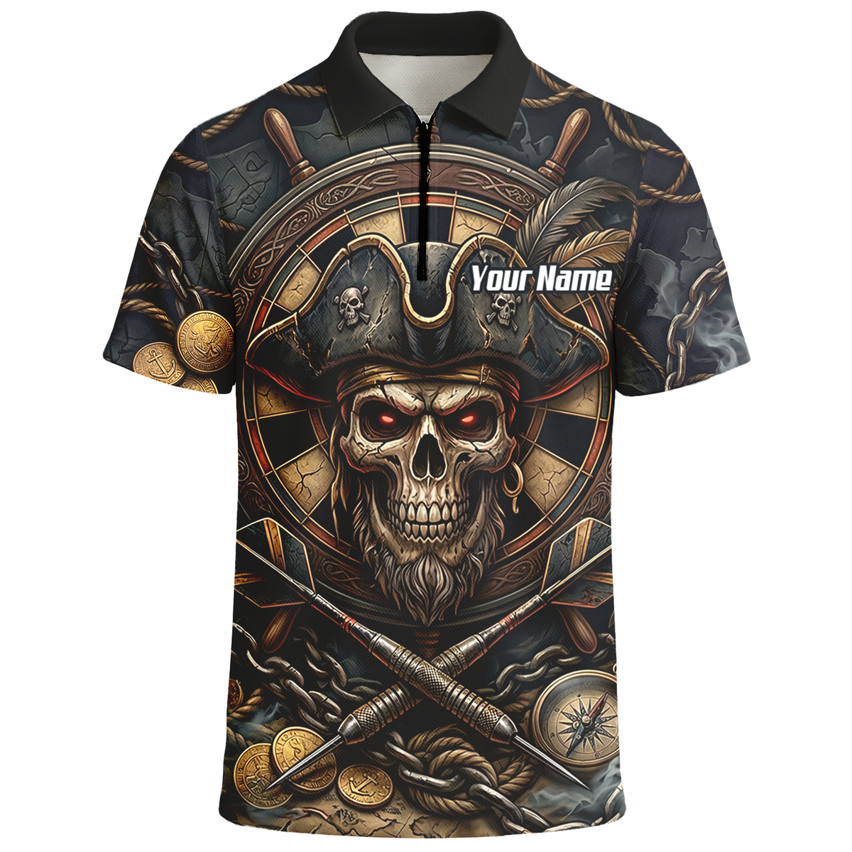 Personalised Pirate Skull Dart Jersey for Men Custom Name Team Polo Shirt Black Gold H4255