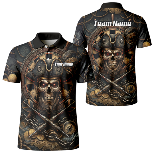 Personalised Pirate Skull Dart Jersey for Men Custom Name Team Polo Shirt Black Gold H4255