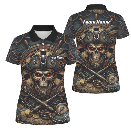 Personalised Pirate Skull Dart Jersey for Women Custom Name Team Polo Shirt Black Gold H4255