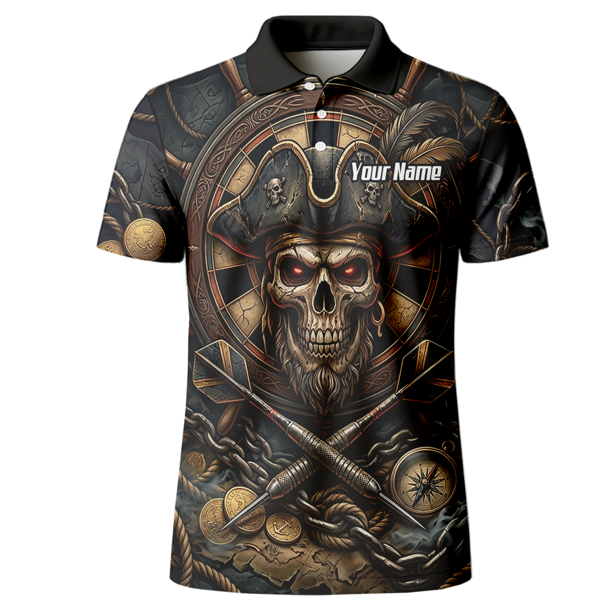 Personalised Pirate Skull Dart Jersey for Men Custom Name Team Polo Shirt Black Gold H4255
