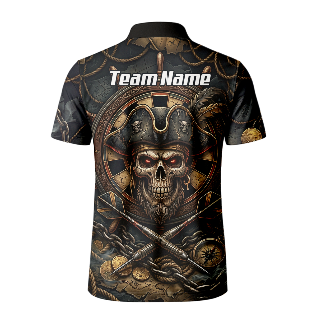 Personalised Pirate Skull Dart Jersey for Men Custom Name Team Polo Shirt Black Gold H4255