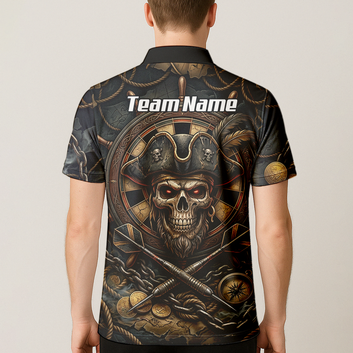 Personalised Pirate Skull Dart Jersey for Men Custom Name Team Polo Shirt Black Gold H4255