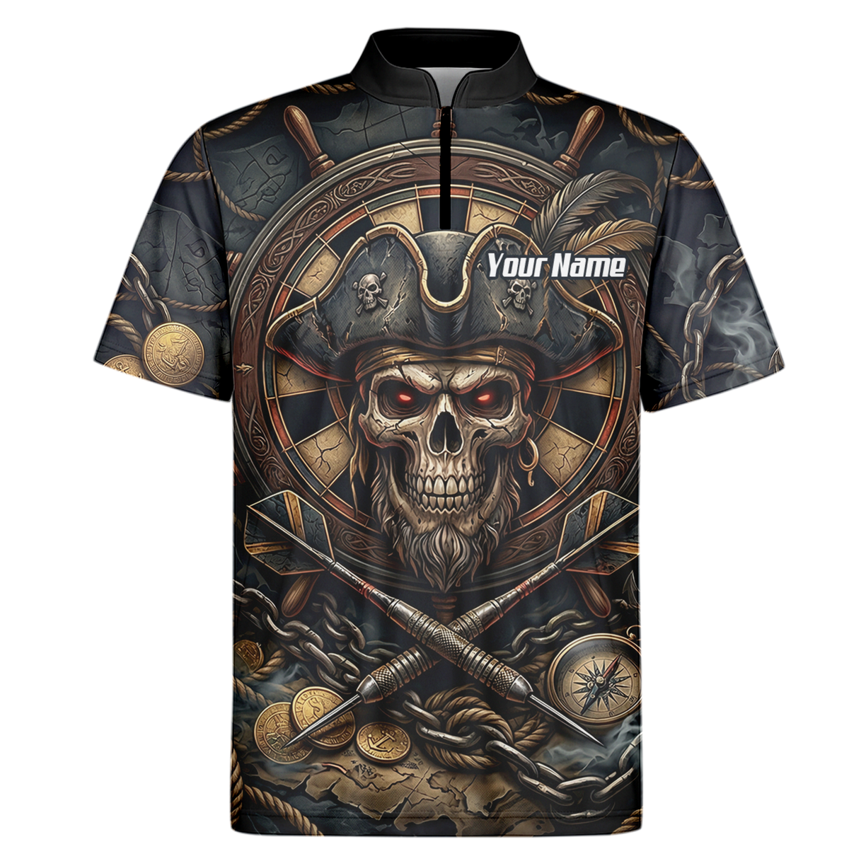 Personalised Pirate Skull Dart Jersey for Men Custom Name Team Polo Shirt Black Gold H4255