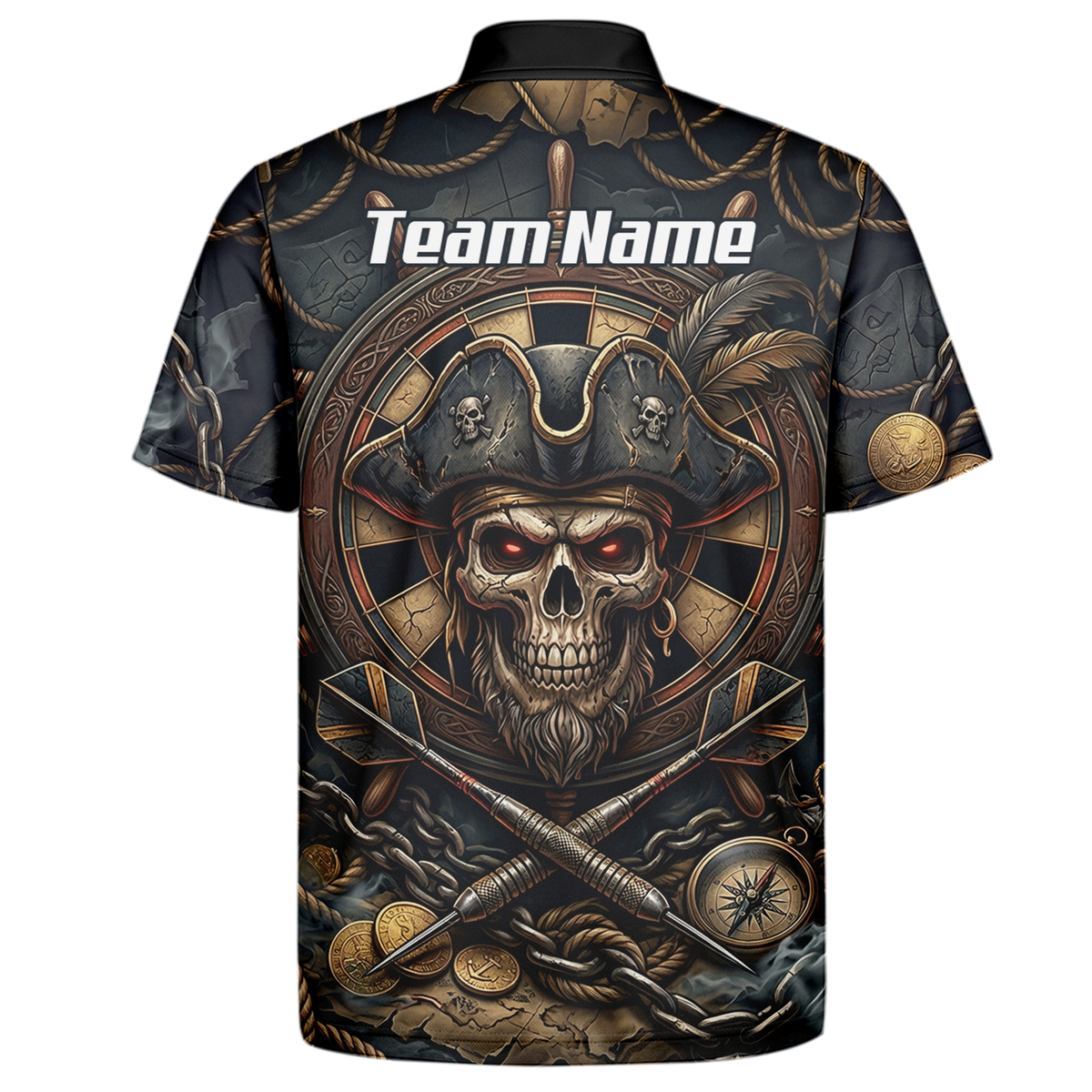 Personalised Pirate Skull Dart Jersey for Men Custom Name Team Polo Shirt Black Gold H4255
