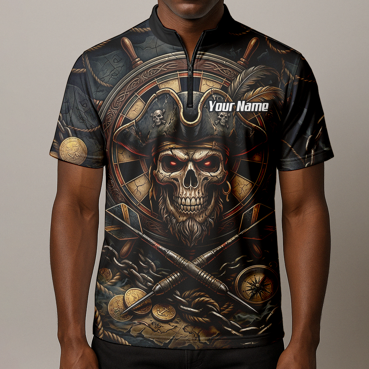 Personalised Pirate Skull Dart Jersey for Men Custom Name Team Polo Shirt Black Gold H4255
