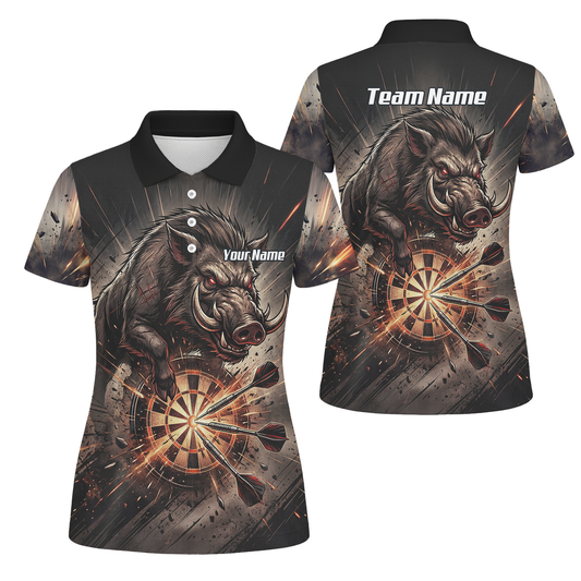 Personalised Wild Boar Darts Jersey for Women, Custom Dartboard Polo Shirt Black Brown, Darts Team Top with Name H8686