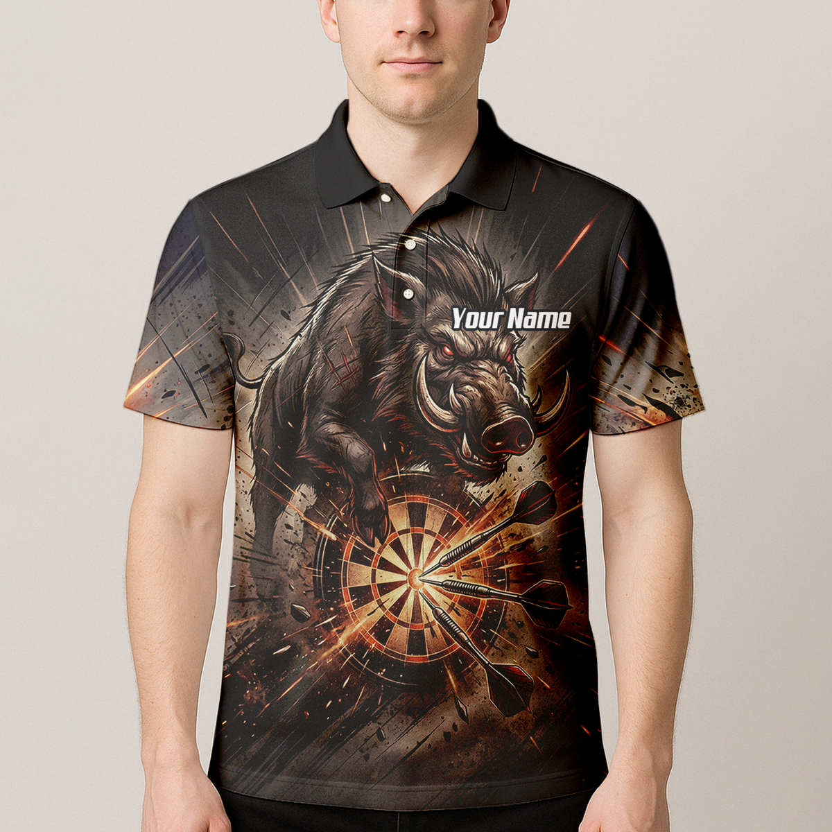 Personalised Wild Boar Darts Jersey for Men, Custom Dartboard Polo Shirt Black Brown, Darts Team Top with Name H8686