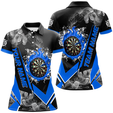 Personalized Women's Dart Team Jerseys - Custom Fire Flame Smoke Dartboard Shirts in Blue T2811