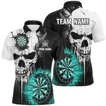 Personalized Turquoise Grunge Skull Crack Wall Dart Shirts for Men | Custom Darts League Team Jerseys T2784