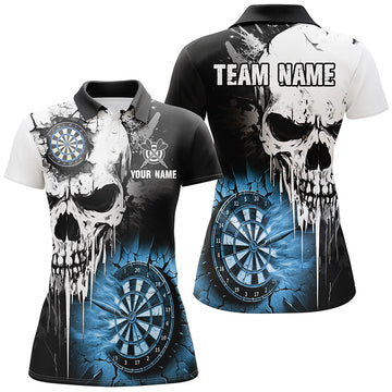 Personalized Grunge Skull Wall Dart Shirt for Women | Custom Scary Darts League Team Jersey | Blue T2785