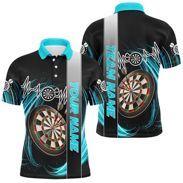 Personalized Cyan Swirl Darts Board Shirt with Heartbeat Line | Custom Men's Dart Jersey Team Uniform T3023