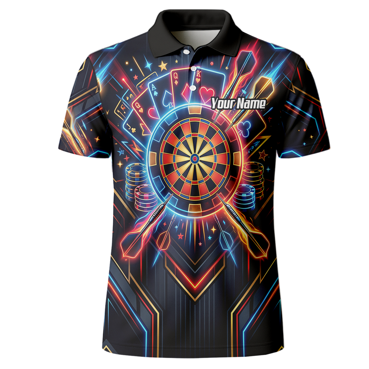 Personalised Neon Poker Casino Dart Jersey for Men Custom Name Team Darts Polo Shirt Black I2744