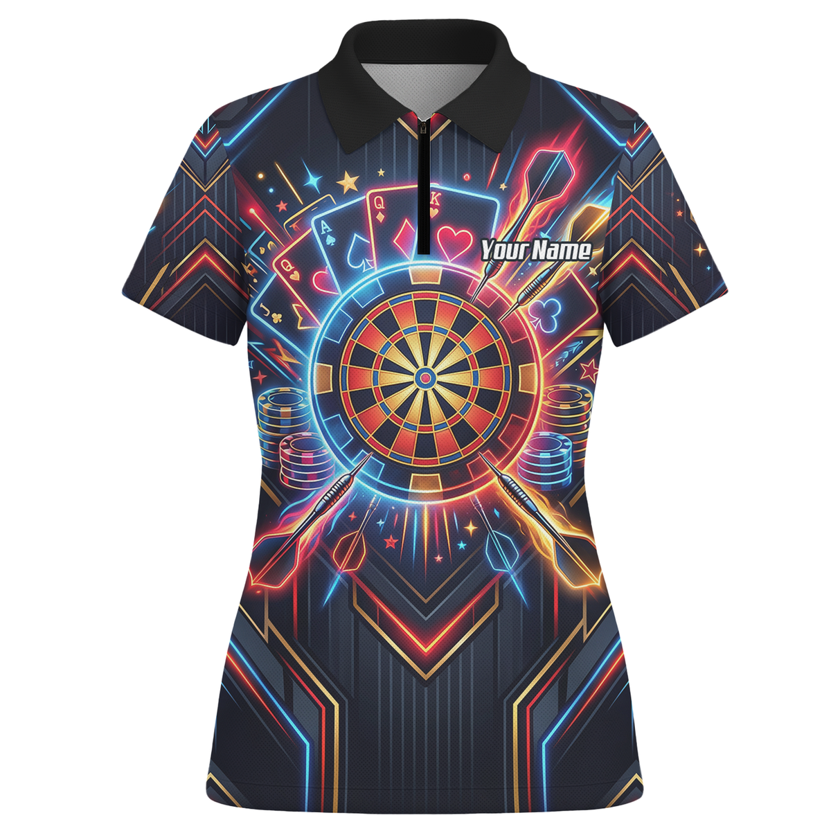 Personalised Neon Poker Casino Dart Jersey for Women Custom Name Team Darts Polo Shirt Black I2744