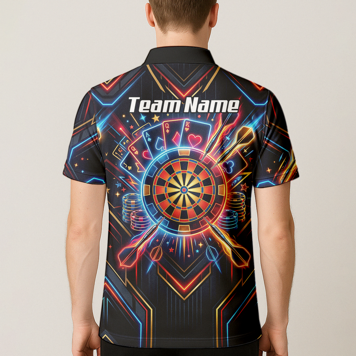 Personalised Neon Poker Casino Dart Jersey for Men Custom Name Team Darts Polo Shirt Black I2744