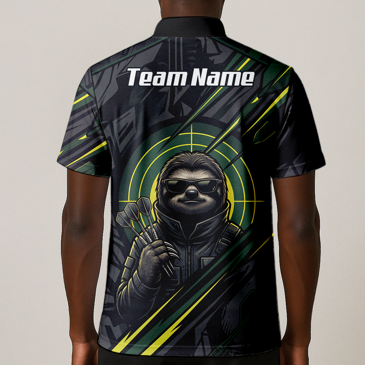 Personalised Sloth Dart Jersey for Men Custom Name and Team Polo Shirt Black and Lime Green I5001